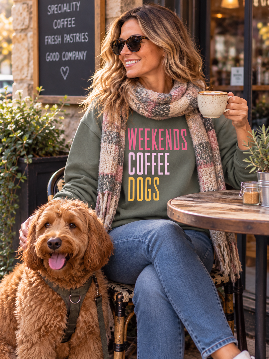 'Weekend, Coffee, Dogs' - Relaxed Style Sweatshirt