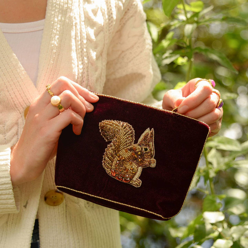 Burgundy Squirrel Velvet Pouch