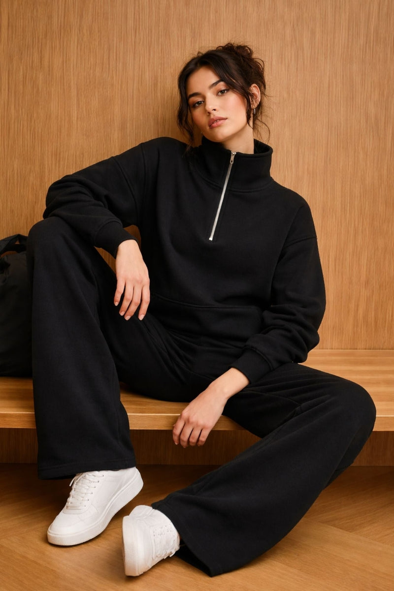 Supersoft Half Zip Sweatshirt in Black & Oat Marl