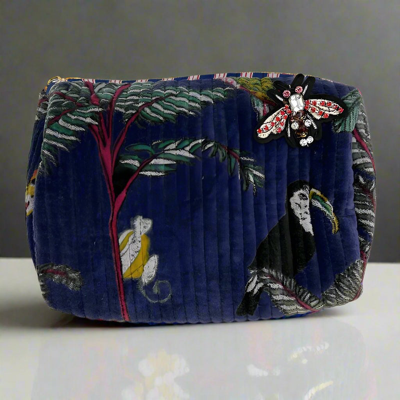 Madagascar Make Up Bag in Blue with Embroidered Brooch