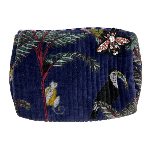 Madagascar Make Up Bag in Blue with Embroidered Brooch