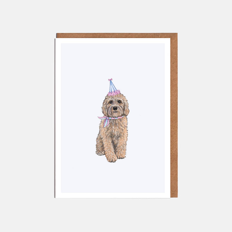 Cavapoo & Party Hat Dog Card - Blank or Birthday