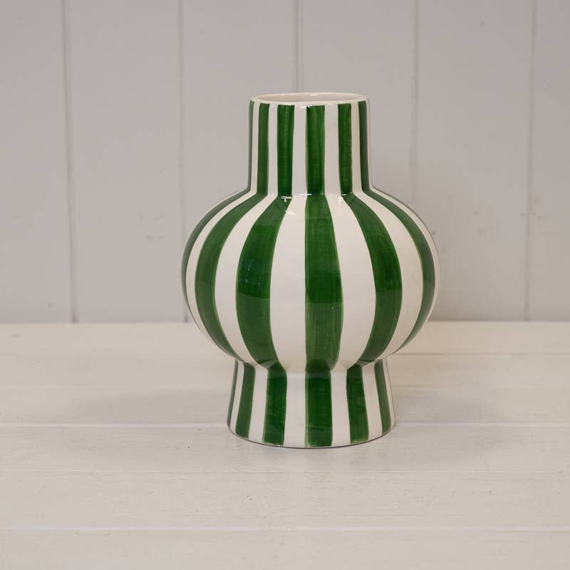 Painted Striped Ceramic Round Vase - Blue