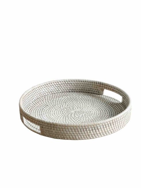 Round Whitewash Rattan Tray with side handles