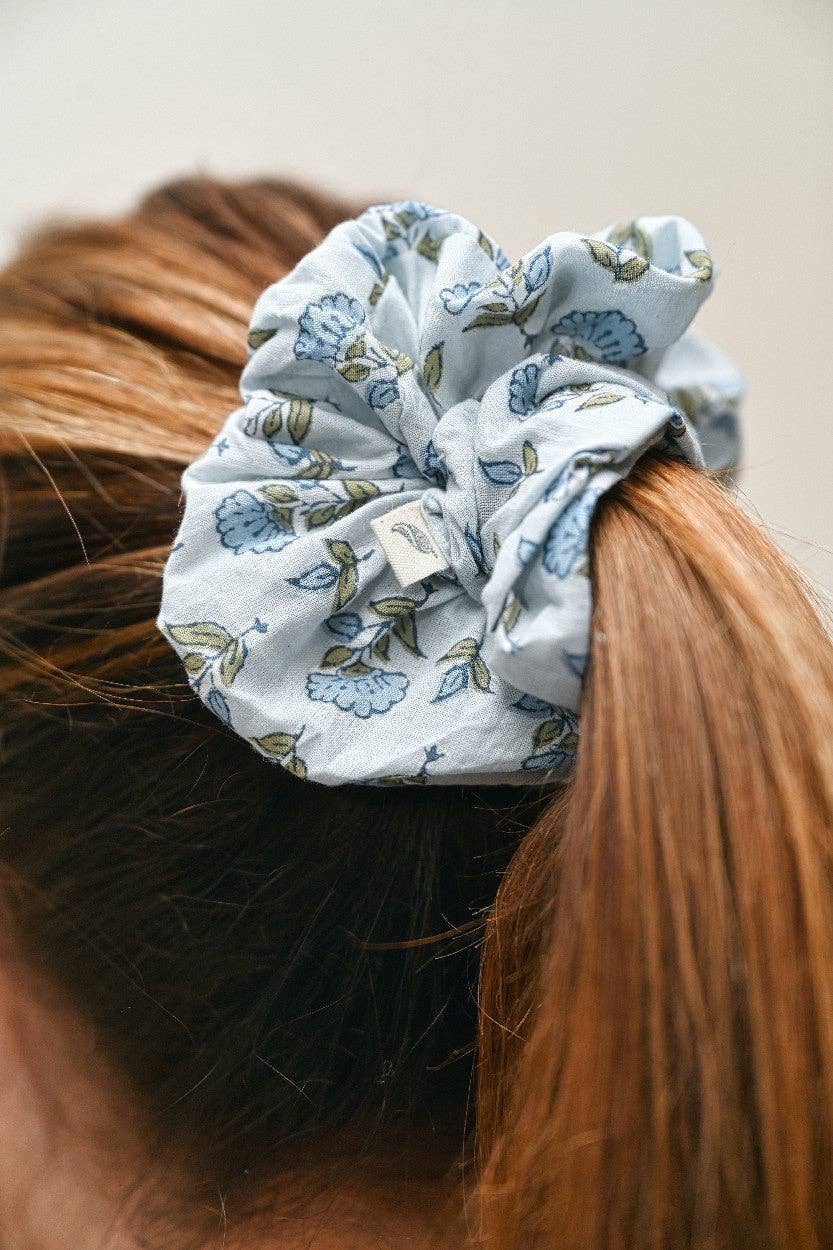 Block Printed Eye Mask & Scrunchie Set - Ditsy Floral Blue Stone