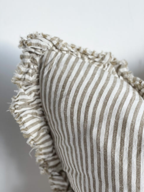 Hallie Ruffled Linen Cushion Cover – Olive Stripe