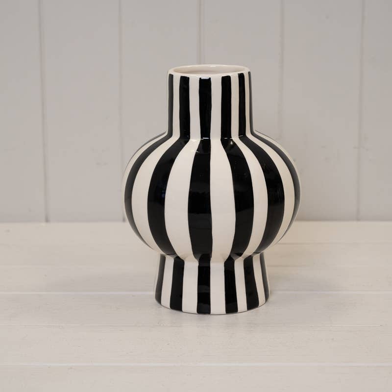 Painted Striped Ceramic Round Vase - Blue