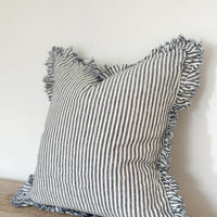 Hallie Ruffled Linen Cushion Cover – Navy Stripe