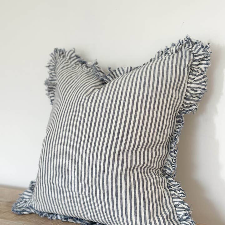 Hallie Ruffled Linen Cushion Cover – Navy Stripe