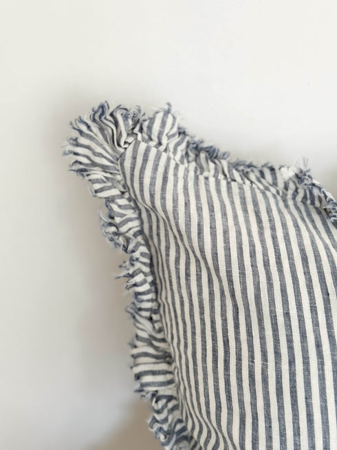 Hallie Ruffled Linen Cushion Cover – Navy Stripe