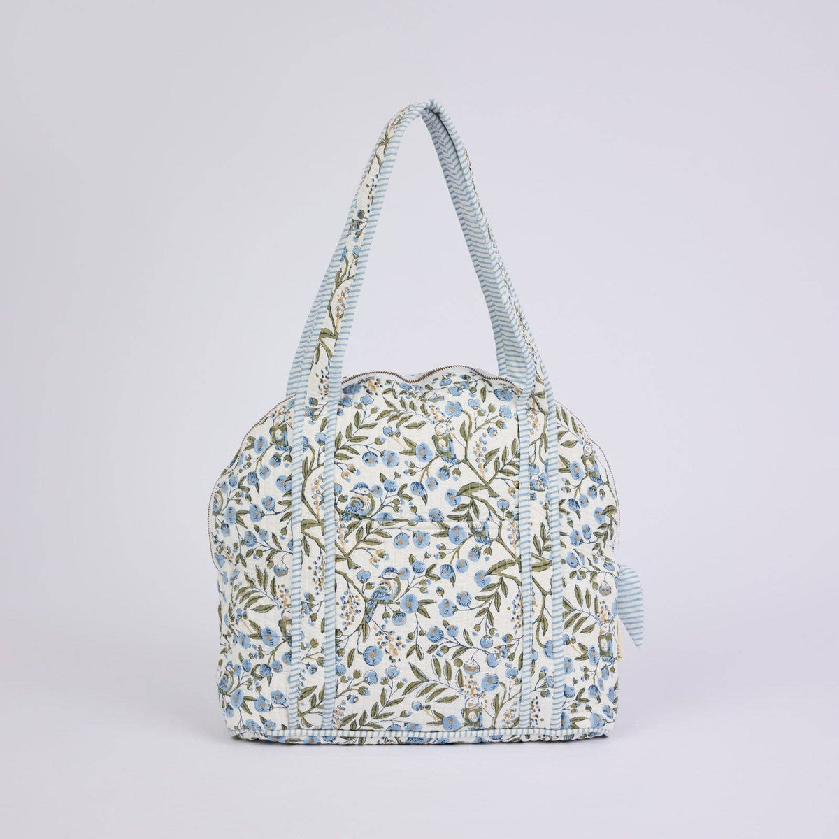 Block Printed Quilted Shopping Tote Bag - Songbird Blue Stone