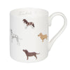White mug with dog illustrations and the word 'Fetch' on a white background
