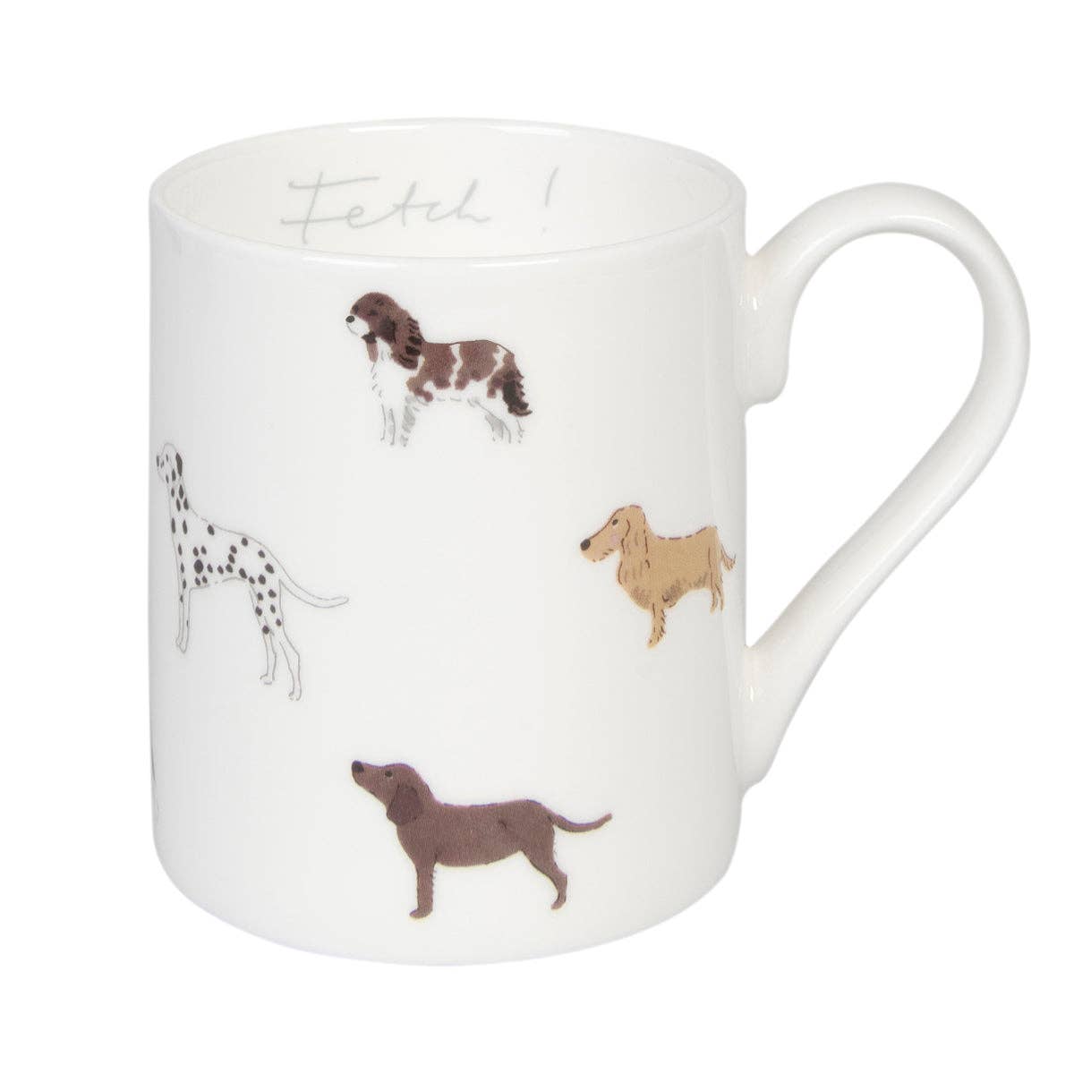 White mug with dog illustrations and the word 'Fetch' on a white background