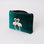 Flamingo Mini Velvet Pouch in Emerald