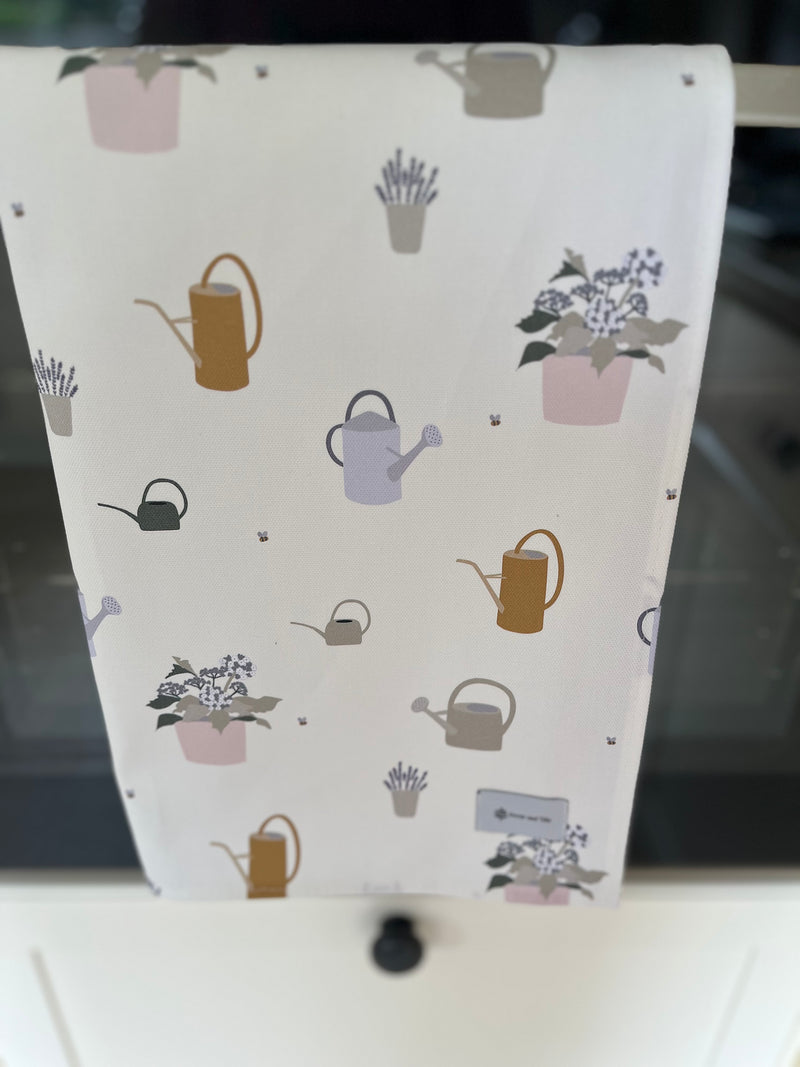Watering Can and Flowerpots Design Tea Towel