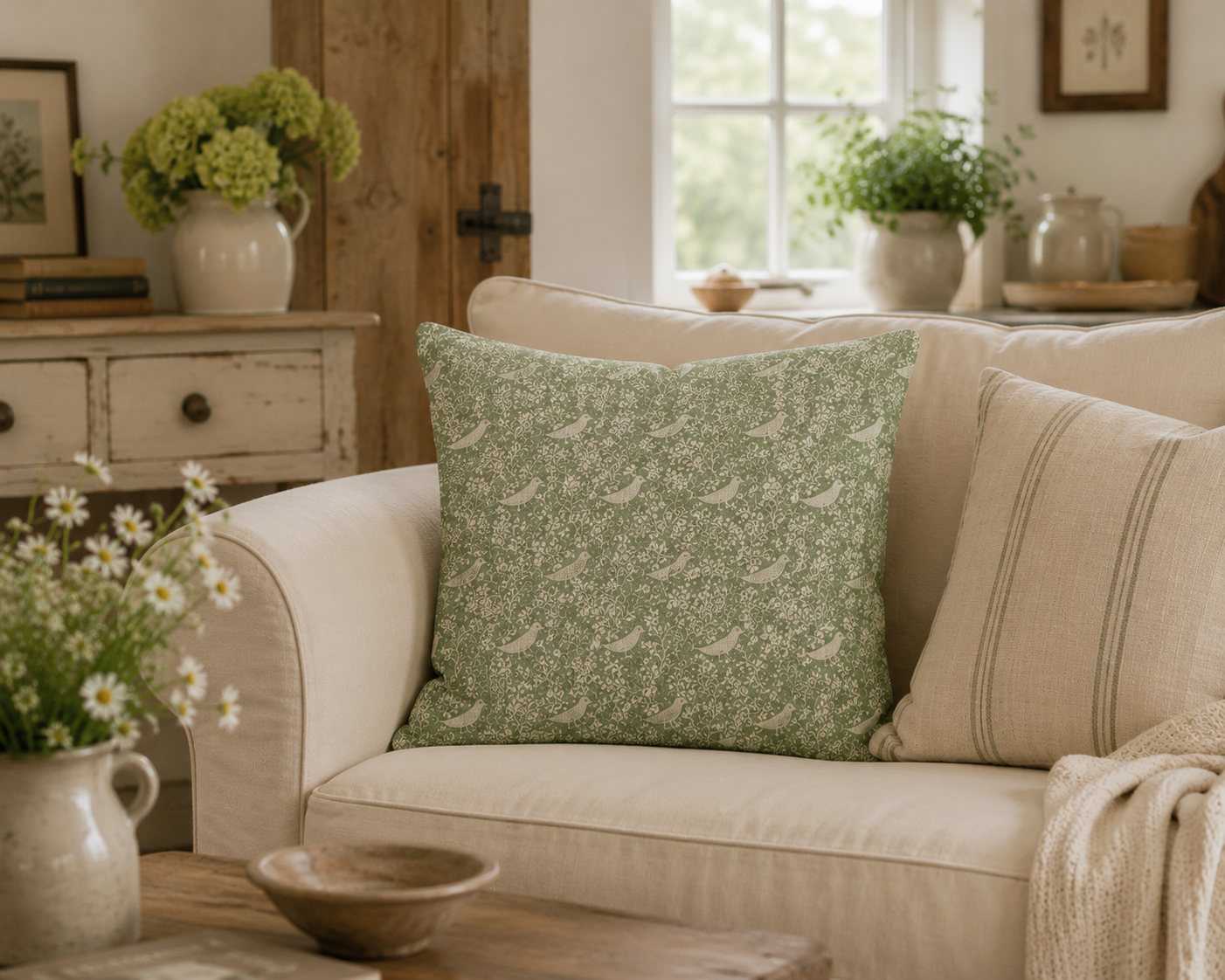 Birds & Branches Cushion Cover - Mint Green