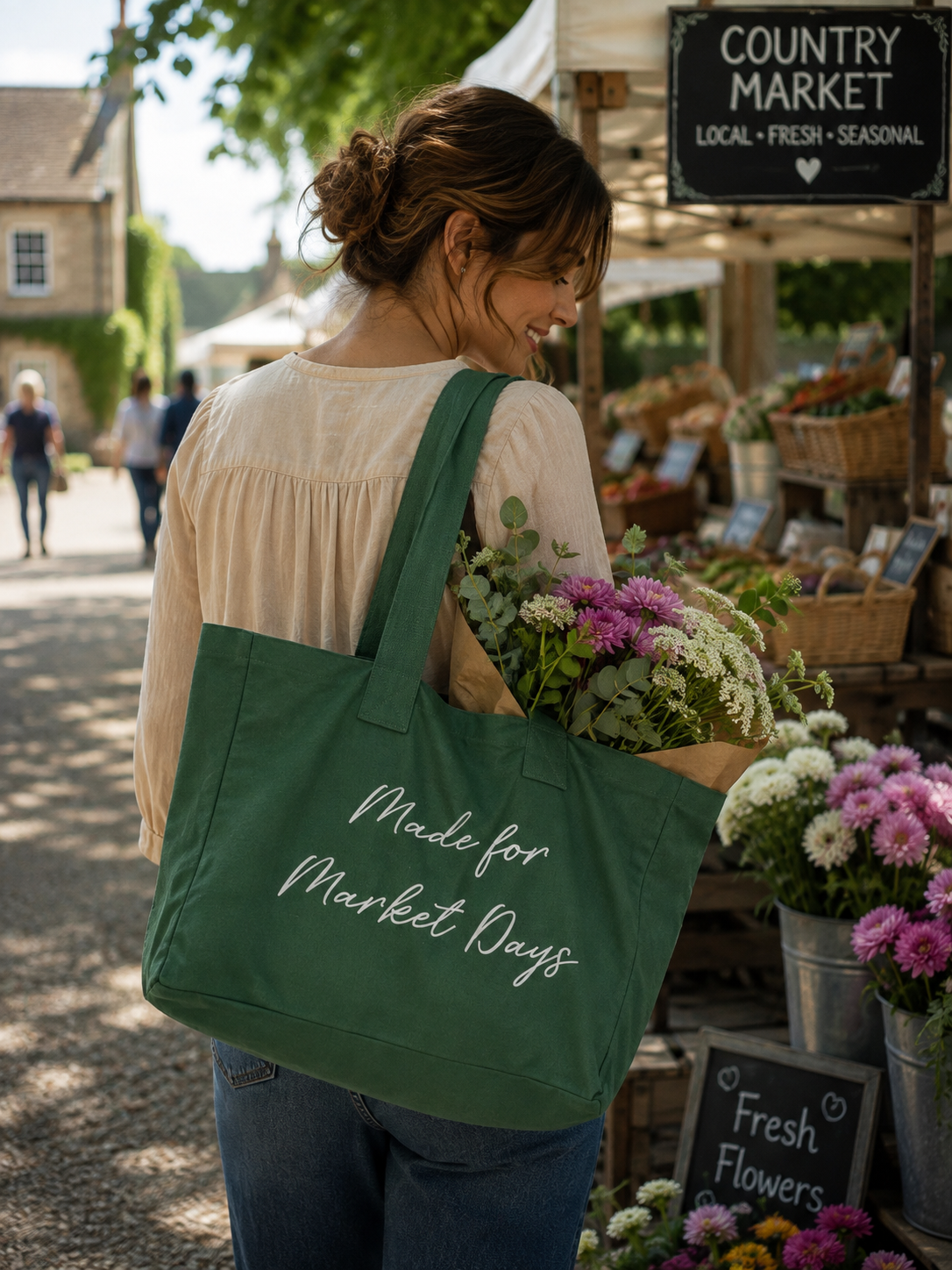 Market Days Tote Bag in Caramel or Racing Green