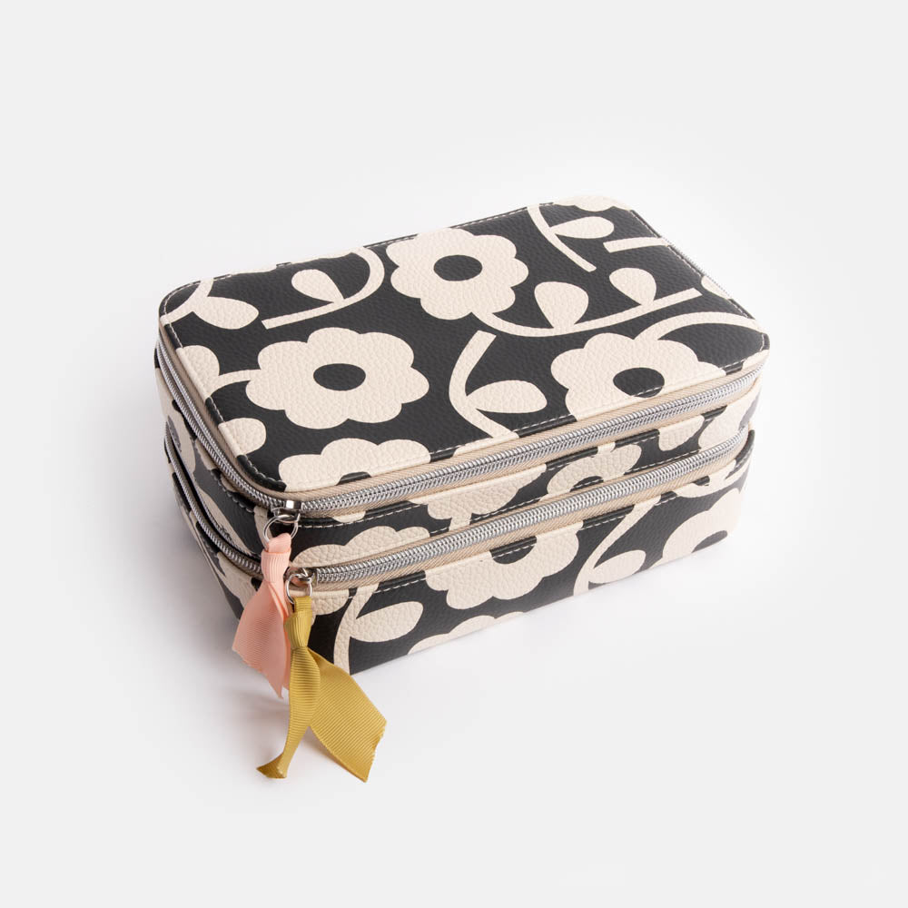 Charcoal Mono Flower Make Up Bag  Large Organiser