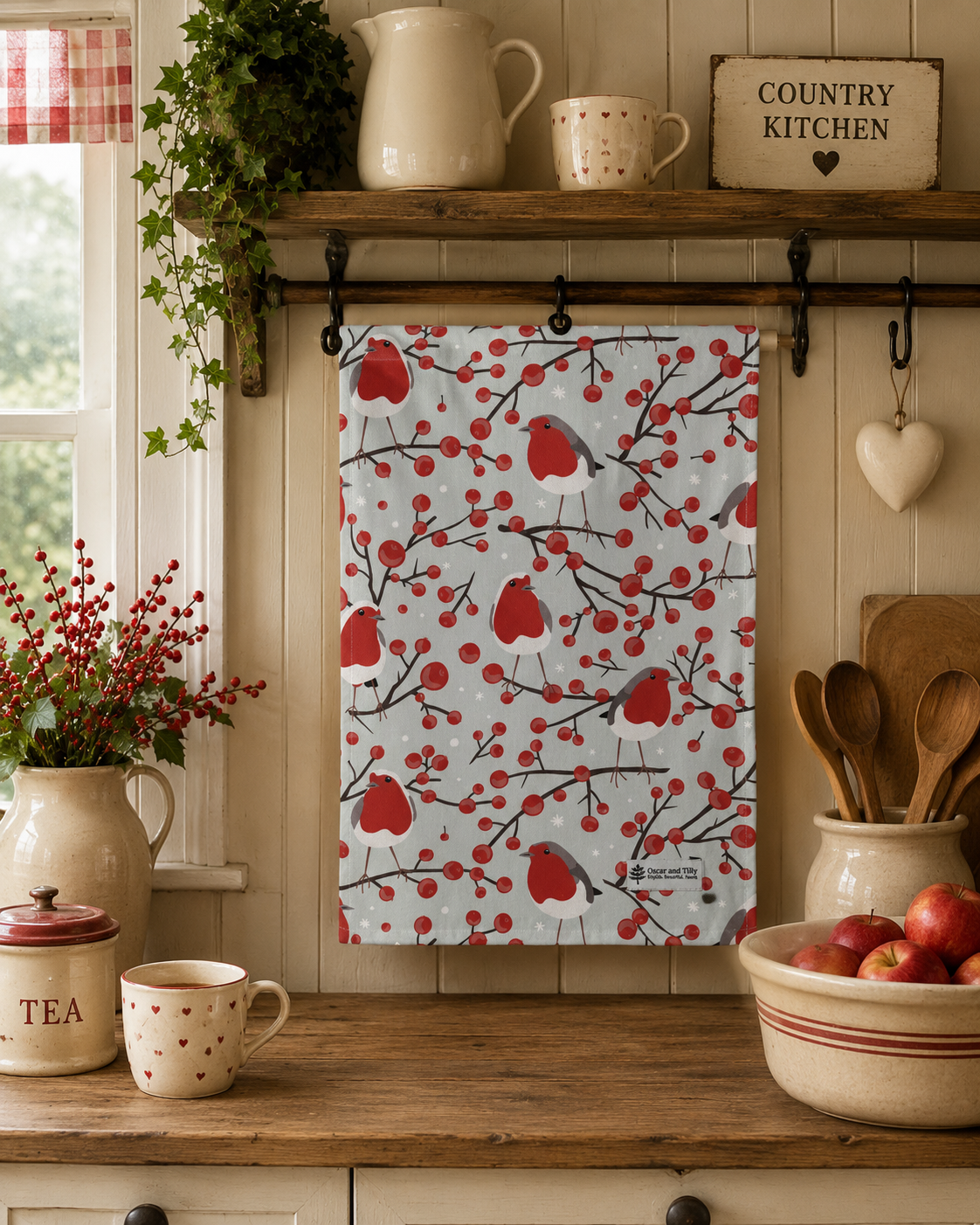 Robins & Berries Tea Towel