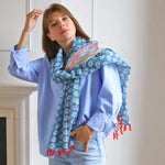 Blue Block Floral Red Tassel Scarf