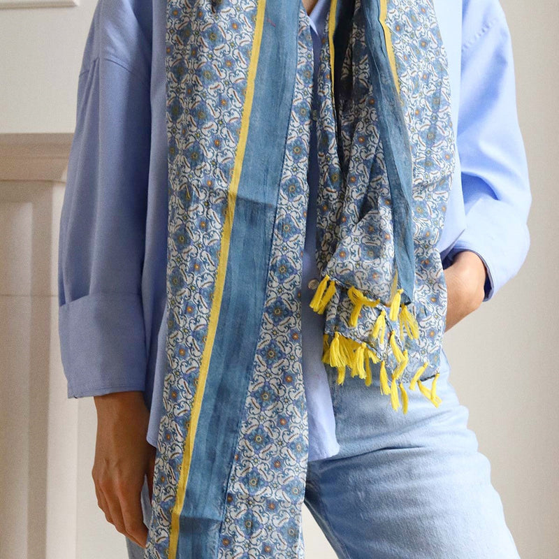 Yellow Tassel Circular Blue Scarf