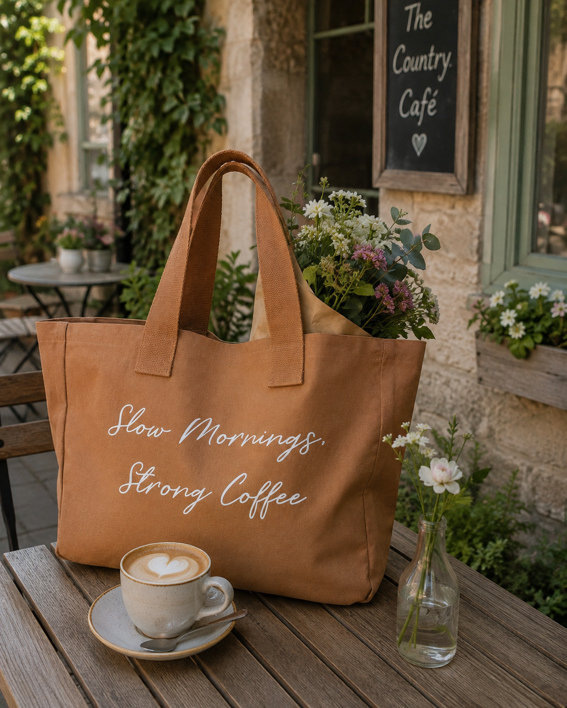 Slow Mornings, Strong Coffee Canvas Tote - in Caramel or Forest Green