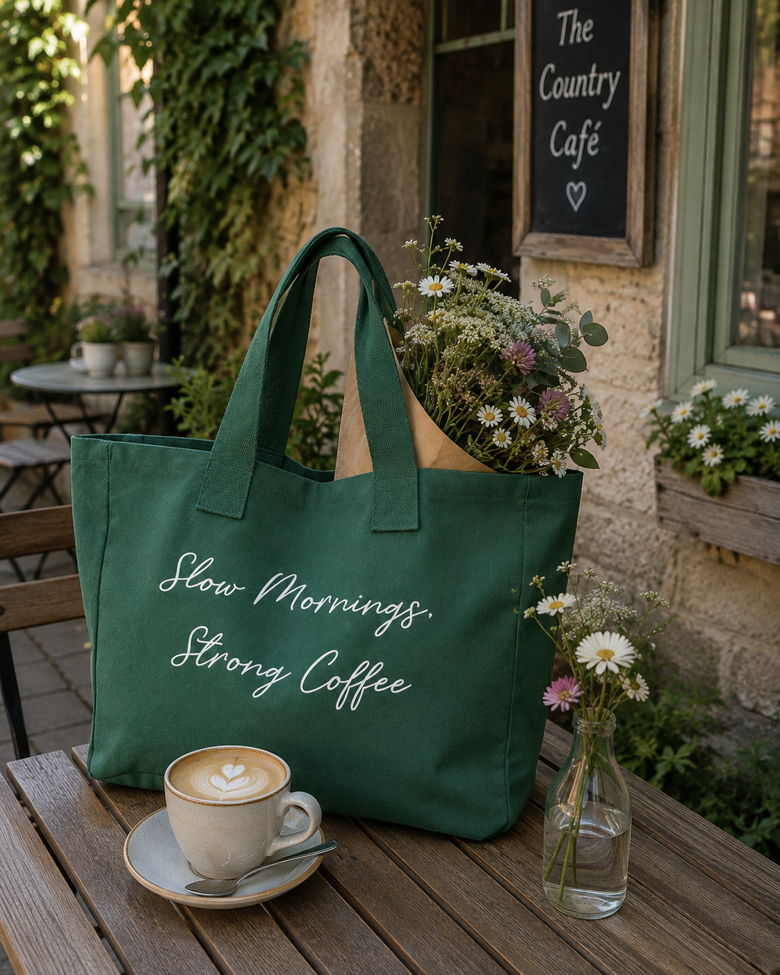 Slow Mornings, Strong Coffee Canvas Tote - in Caramel or Forest Green