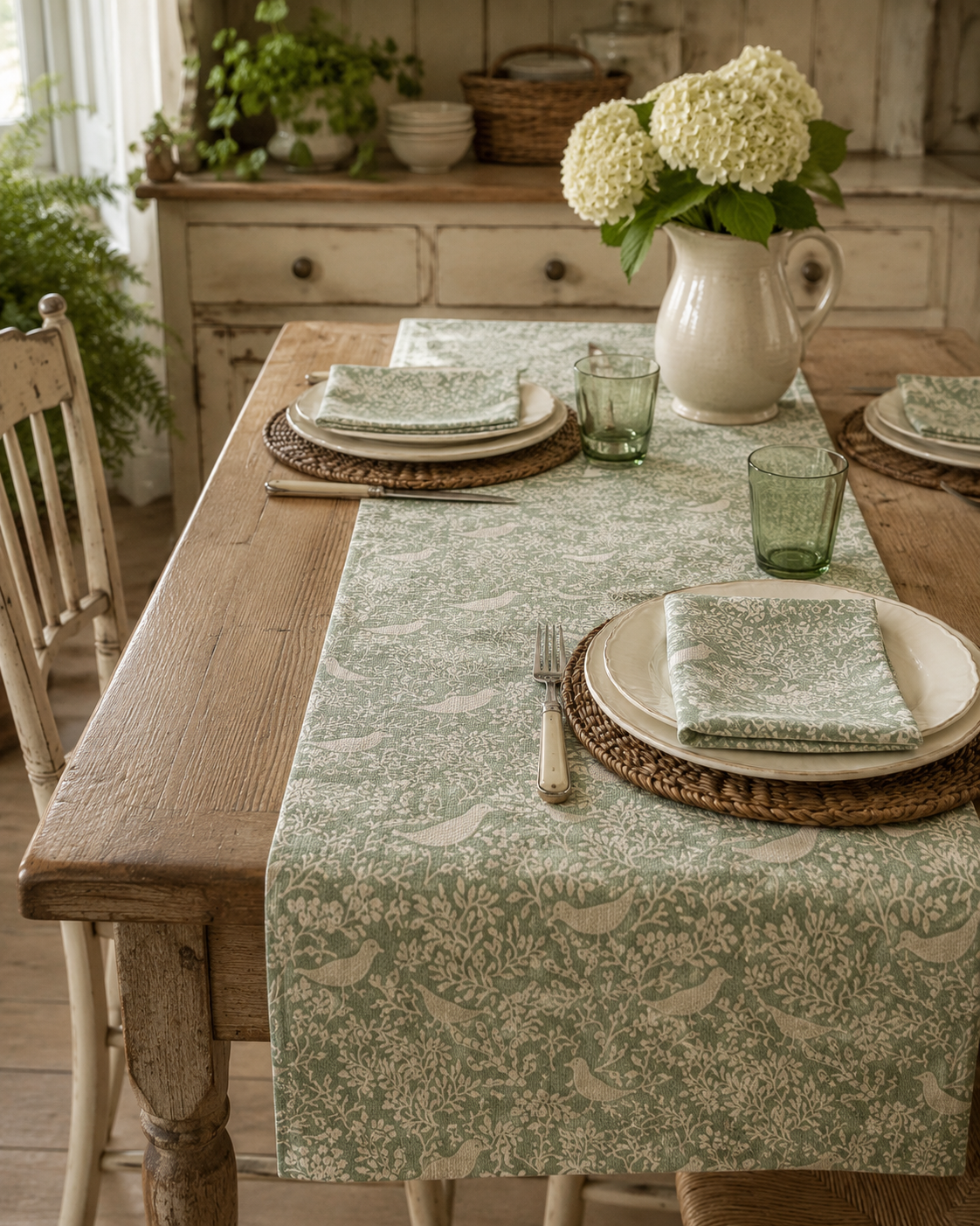 Birds & Branches Table Runner ~ Mint Green