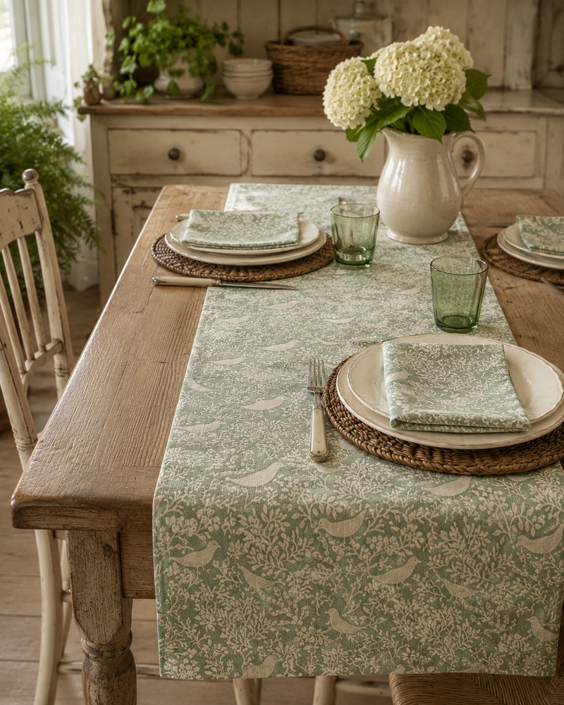 Birds & Branches Table Runner ~ Mint Green