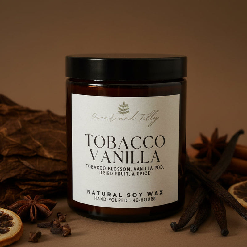 Candle with a label on a neutral background