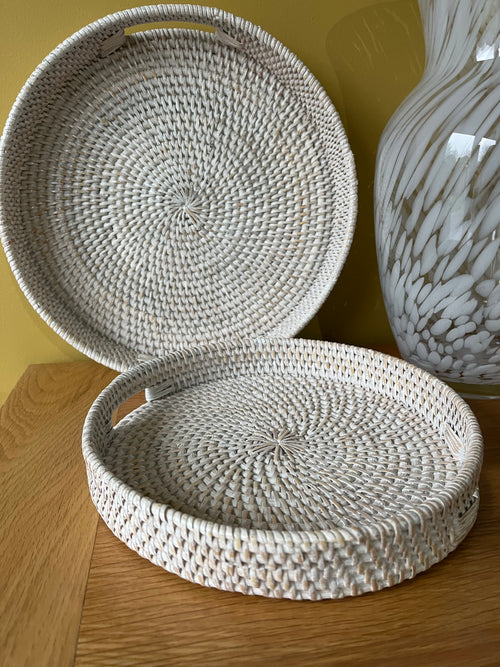 Round Whitewash Rattan Tray - 2 sizes