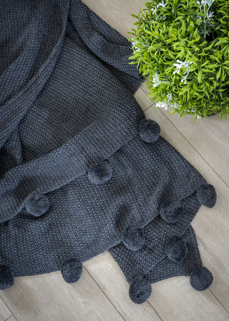 Grey Pom Pom Moss Knit Throw