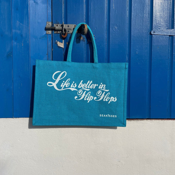 Ocean Blue Life is Better in Flip Flops Cute Jute Bag
