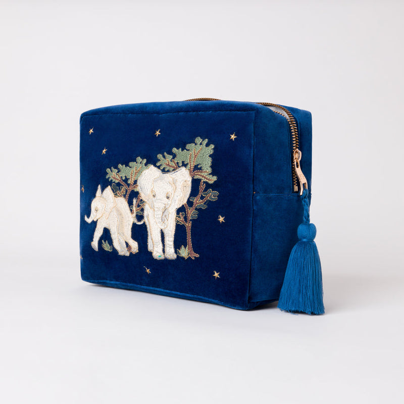 Baby Elephant Navy Velvet Wash Bag